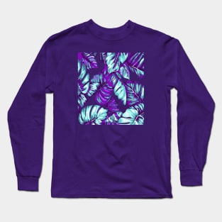 Tropical Leaves Of Banana and Monstera Purple Aqua Cut Out Long Sleeve T-Shirt